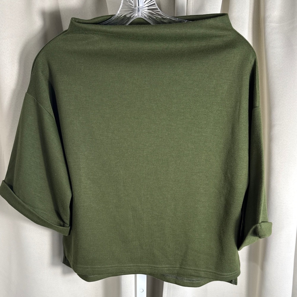 Olive Green Boat Neck Boxy Top Cuffed Short Sleeve Cotton Blend Size S